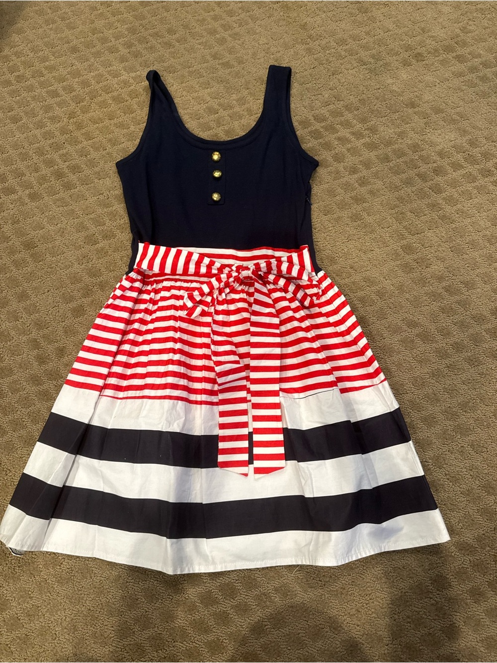 Sleeveless Navy Bodice Red & White Striped Tie-Waist Midi Dress